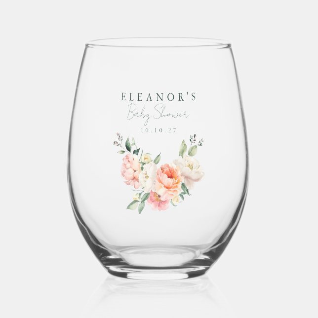 Verre À Vin Sans Pied Aquarelle florale de pivoine blanche Baby shower r (Recto)