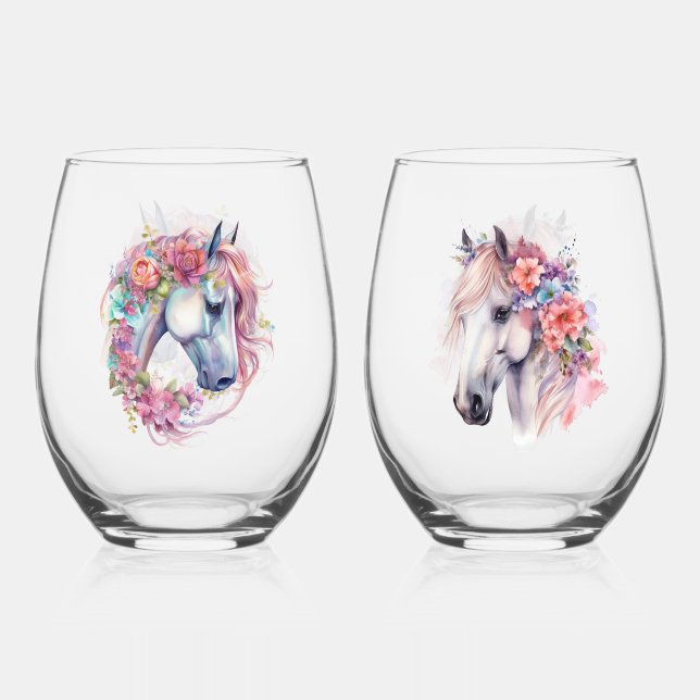 Verre À Vin Sans Pied Aquarelle Imaginaire Cheval Têtes (Recto)