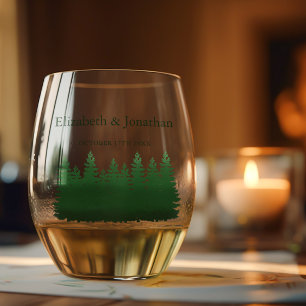 Verre À Vin Sans Pied Aquarelle Mariage des pins de bois