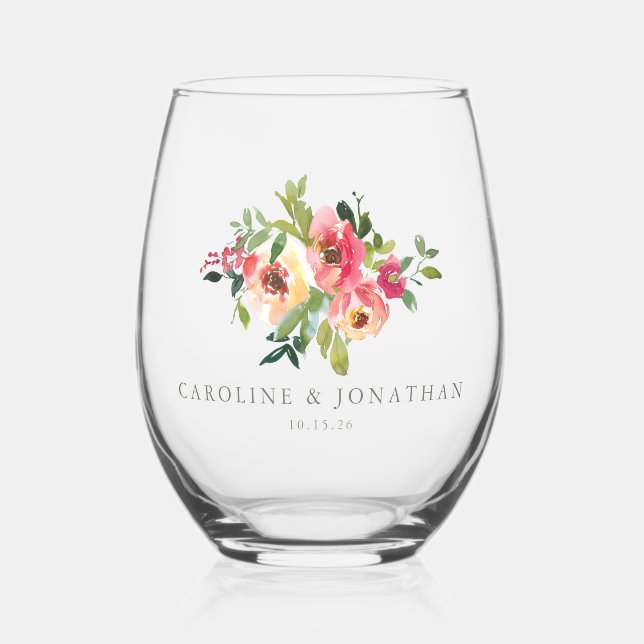 Verre À Vin Sans Pied Aquarelle moderne Rouge rose Mariage Floral Person (Recto)