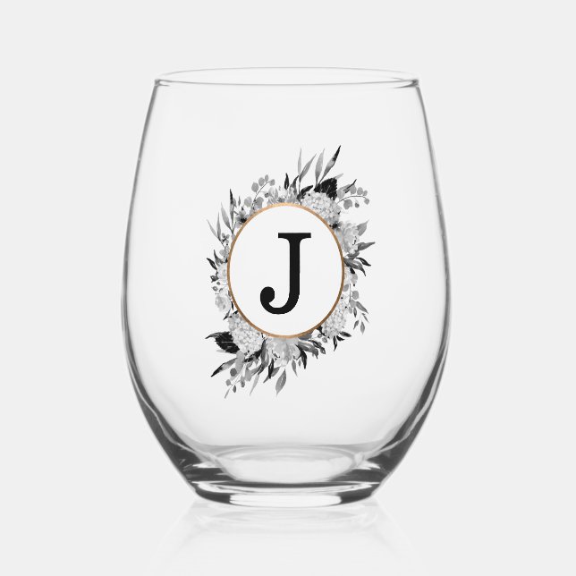 Verre À Vin Sans Pied Aquarelle noire moderne Monogramme floral Faux Or (Recto)