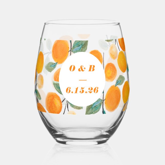 Verre À Vin Sans Pied Aquarelle Orange Citrus Monogramme Mariage (Recto)