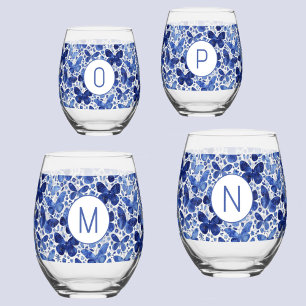 Verre À Vin Sans Pied Aquarelle papillon bleu Monogramme initial