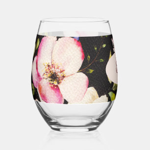 Verre À Vin Sans Pied Aquarelle rose Roses jaunes sur noir, Monogramme