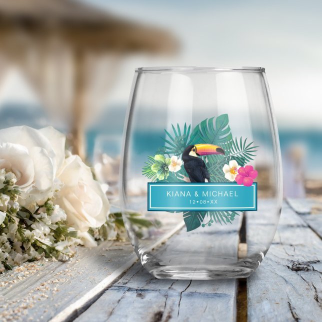 Verre À Vin Sans Pied Aquarelle Tropical avec Mariage Toucan ID Turquois (Créateur téléchargé)