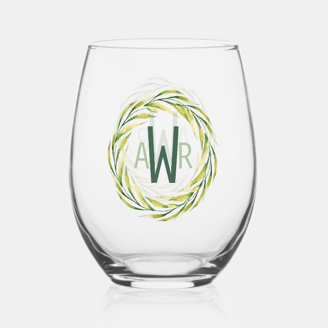 Verre À Vin Sans Pied Aquarelle vert cadre Monogramme ID667 (Recto)