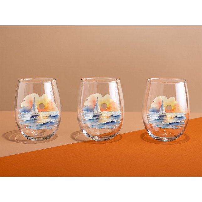 Verre À Vin Sans Pied Aquarelle Voilier Voilier Nautique Coucher de sole (Nautical Sailing Sunset Watercolor Wine Glasses)