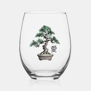 Verre À Vin Sans Pied Arbre Bonsaï Calligraphie Japonaise de l'Amour de 
