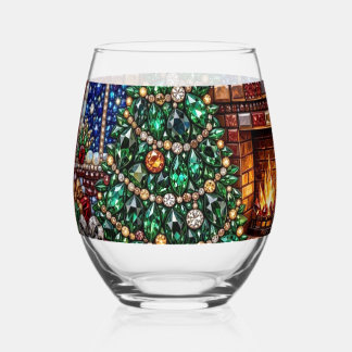 Verre À Vin Sans Pied Arbre de Noël Bijou Cheminée Scène de Pierres Préc