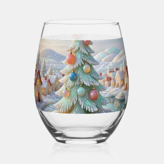 Verre À Vin Sans Pied Arbre de Noël en Opale Pastel Blanc Village d'Hive