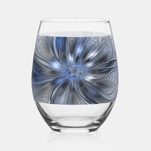 Verre À Vin Sans Pied Art floral fractal abstrait aquarelle gris bleu