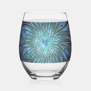 Verre À Vin Sans Pied Art fractal de fleurs bleues modernes et tendance