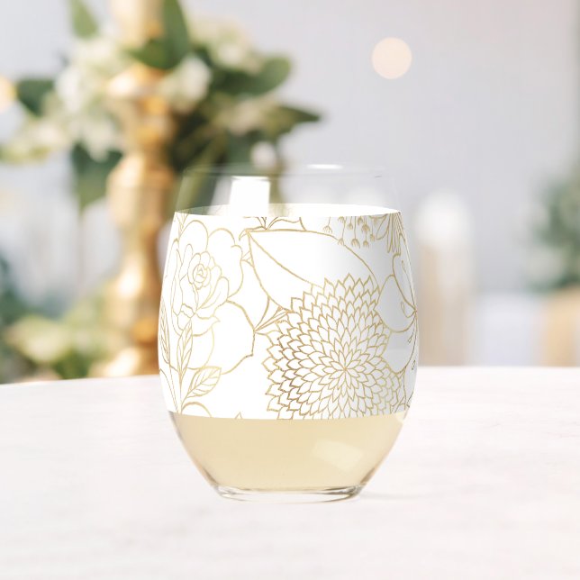 Verre À Vin Sans Pied Art moderne Gold White Floral Doodles (Insitu (Mariage))