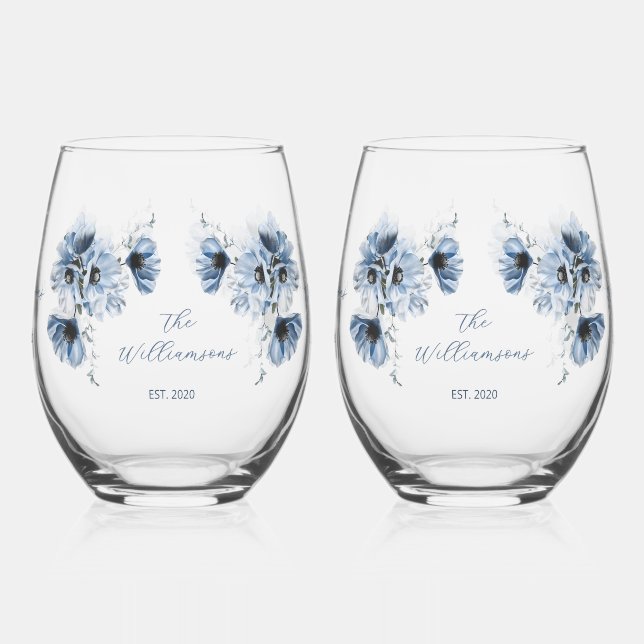 Verre À Vin Sans Pied Artistic Blue Flowers Wedding (Gauche)