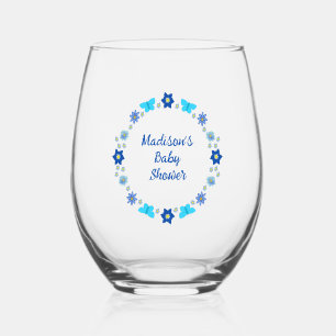 Verre À Vin Sans Pied Bébé bleu Papillons et Baby shower de fleurs