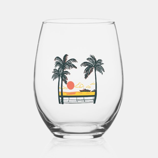 Verre à vin sans pied Beige Vert Été Plage (Recto)