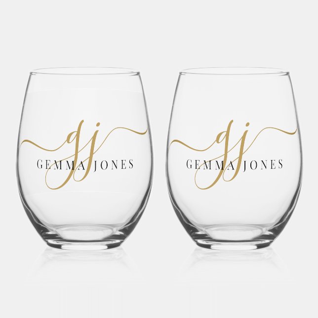 Verre À Vin Sans Pied Black Gold Monogram Script Name (Recto)