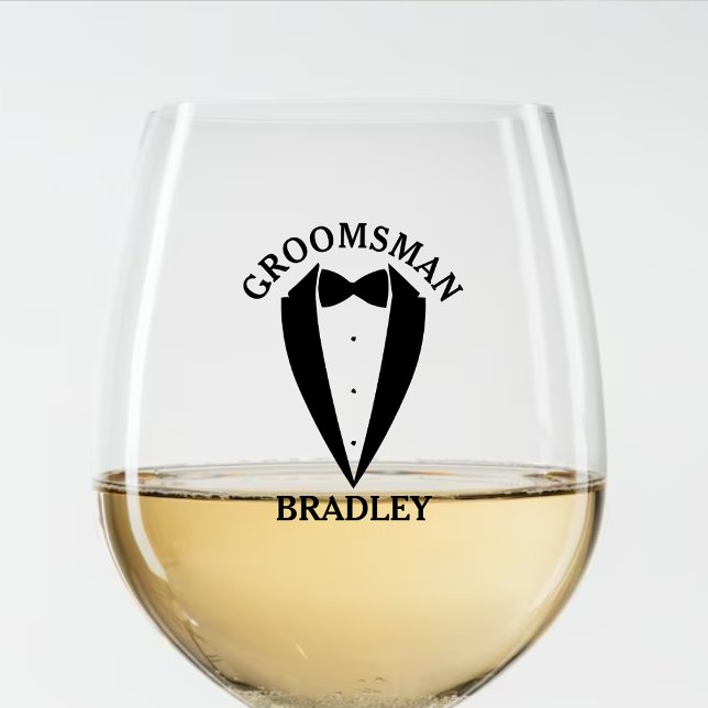 Verre À Vin Sans Pied Black Groomsman Nom Mariage Bachelor Party (Black Groomsman Name Wedding Bachelor Party Stemless Wine Glass)