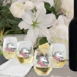 Verre À Vin Sans Pied Blanc Unicorne rose Fleurs Bleu