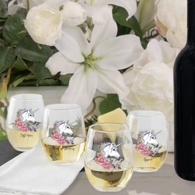 Verre À Vin Sans Pied Blanc Unicorne rose Fleurs Bleu (Créateur téléchargé)