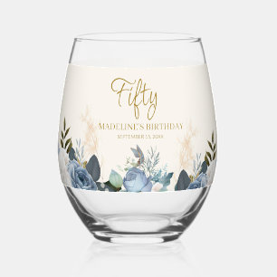 Verre À Vin Sans Pied Bleu Poussiéreux Fleurs Blanches Cinquante Anniver