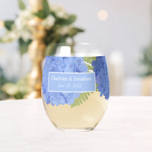 Verre À Vin Sans Pied Blue Hydrangea Floral Mariage Noms personnalisés