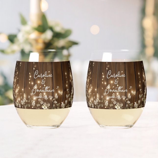 Verre À Vin Sans Pied Bois Rustique Blanc Floral Chaîne Lumières Mariage (Insitu (Mariage))