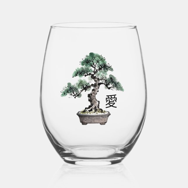 Verre À Vin Sans Pied Bonsai Tree Sumi-e Style Japanese Love Calligraphy (Recto)