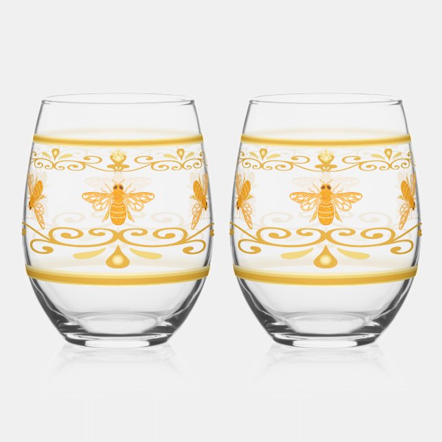 Verre À Vin Sans Pied Bordure de parchemin doré avec abeilles (Verso)