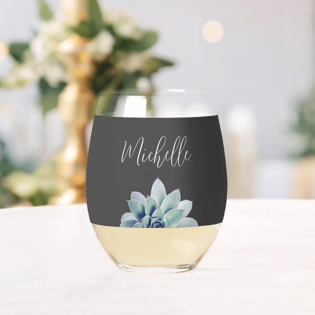 Verre À Vin Sans Pied Botanique Succulent Élégant Script Classic Grey (Insitu (Mariage))