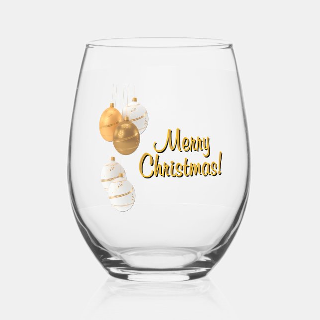 Verre À Vin Sans Pied Boules de Noël or et blanc Texte personnalisé (Recto)