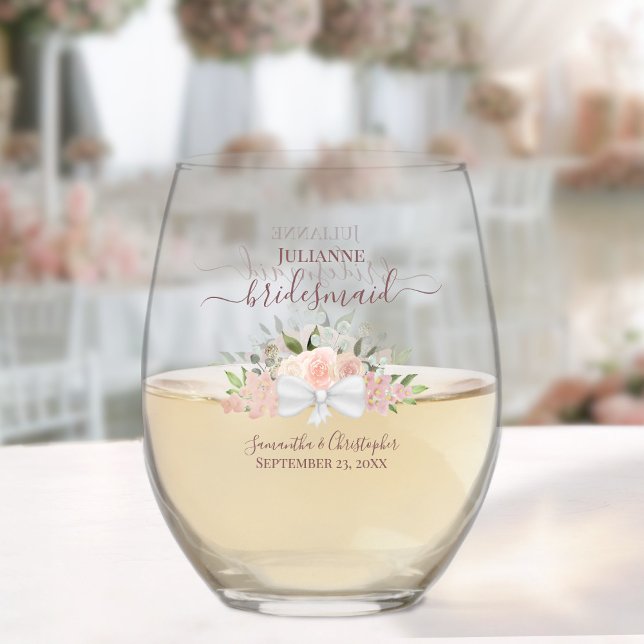 Verre À Vin Sans Pied Bouquet Roses Roses Roses roses Bridesmaid Maid of (Sold Individually or in Sets)