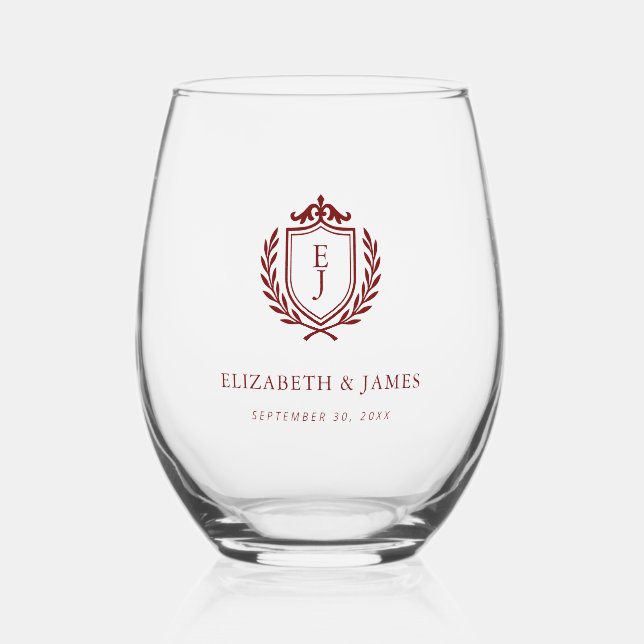 Verre À Vin Sans Pied Burgundy Crest Wedding Welcome, Custom Initials (Verso)