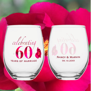 Verre À Vin Sans Pied Cadeau floral personnalisé 60e anniversaire Mariag