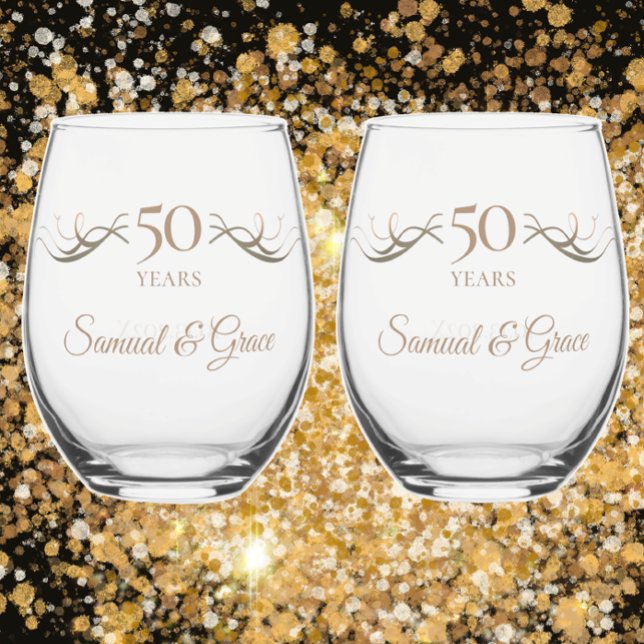 Verre À Vin Sans Pied Cadeau personnalisé 50e anniversaire Keepsaké pers (Customize 50th anniversary keepsake template with couples names, date, and any year anniversary gift)