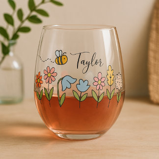 Verre À Vin Sans Pied Cadeau personnalisé Abeille et Fleurs Colorées