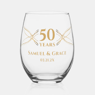 Verre À Vin Sans Pied Cadeau personnalisé élégant doré pour le 50e anniv