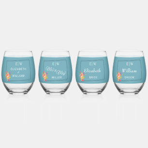 Verre À Vin Sans Pied Cadre avec Rose, style Mariage sur bleu rétro