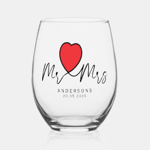 Verre À Vin Sans Pied Calligraphie moderne Coeur rouge M. et Mme Mariage