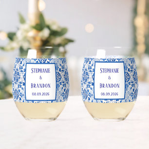Verre À Vin Sans Pied Carreaux Portugais Mariage Méditerranéen Bleu