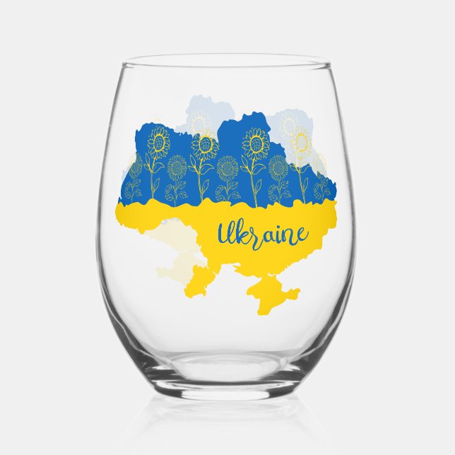 Verre À Vin Sans Pied Carte de l'Ukraine avec tournesol et drapeau ukrai (Recto)