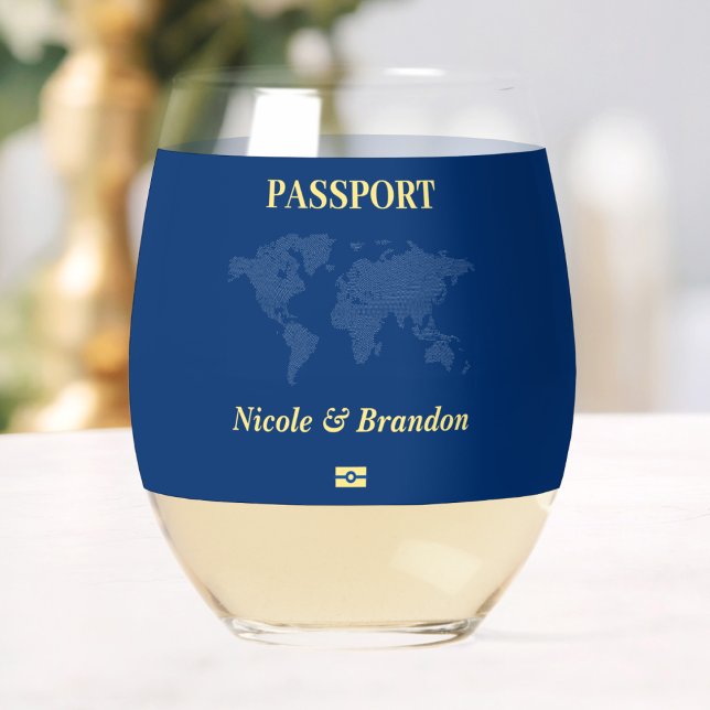 Verre À Vin Sans Pied Carte du monde bleu Passeport Destination Mariage (Blue World Map Passport Destination Wedding Stemless Wine Glass)