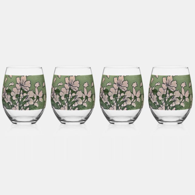 Verre À Vin Sans Pied Cascade de Fleurs Roses  (Recto)