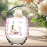 Verre À Vin Sans Pied Champagne et Cupcakes En vichy rose<br><div class="desc">Verre à vin mignon, personnalisé avec votre nom en lettres manuscrites sucrées. Le design présente une bande de en vichy rose et blanc avec une aquarelle illustrant une bouteille de champagne ou de vin mousseux, des verres, des cupcakes et des fleurs roses. Veuillez naviguer dans ma collection de Fêtes des...</div>