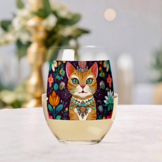 Verre À Vin Sans Pied Chat couronné orné de bijoux  (Crowned Bejewelled Cat Stemless Wine Glass  Dimensions: 4.25” height x 3.375” diameter 16 oz.)