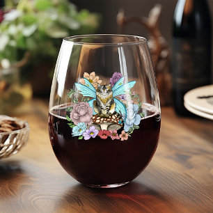 Verre À Vin Sans Pied Chat féerique tabby pastel fantaisiste floral