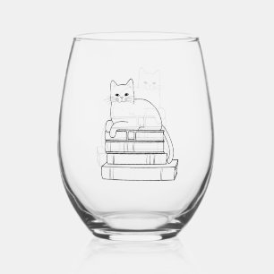 Verre À Vin Sans Pied Chat sur Books Line Art