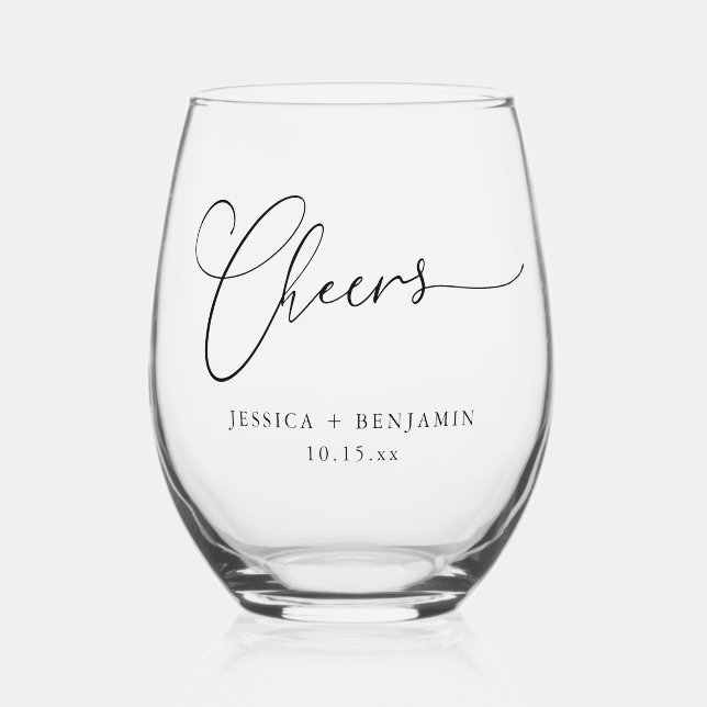 Verre À Vin Sans Pied Cheers Minimal Black Script Custom Wedding Favor (Recto)