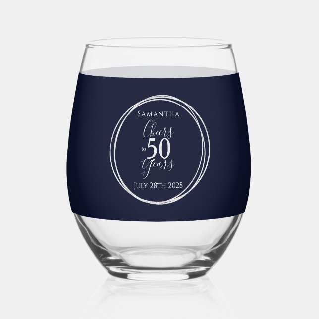 Verre À Vin Sans Pied Cheers to 50 Years 50th Birthday Navy Silver Party (Recto)