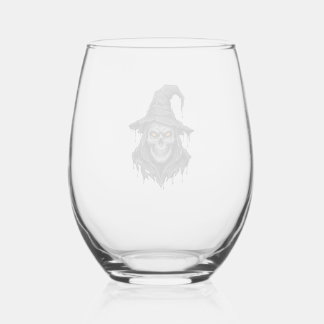Verre À Vin Sans Pied Chemise Halloween Chapeau De Sorcière Crâne Gravur